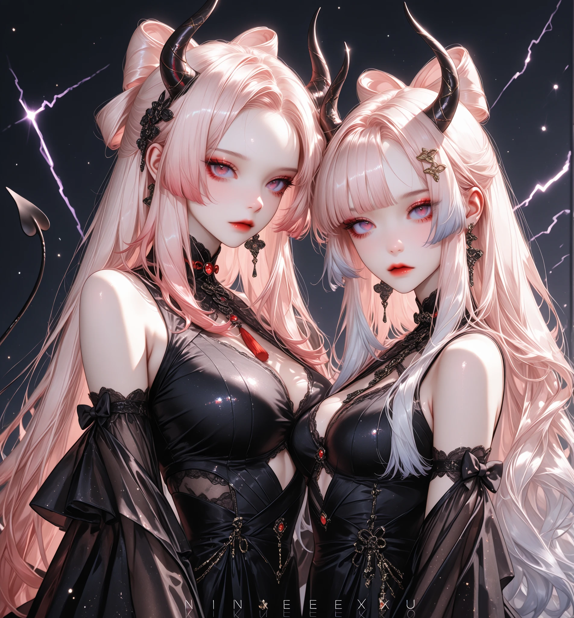 very cute devil and angel、16 year old girl(2 people)、black hair almost blue、red eyes、(Breast size according to age)、standing position、full body shot、black gorgeous dress、not wearing panties、background starry sky、Red Moon、