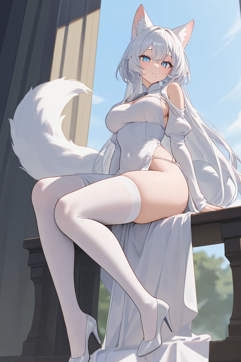 high detail, super detail, super high resolution, high quality. Extremely sexy and beautiful girl, with a beautiful face, wide and beautiful lips, lascivious smile, White skin, blue eyes, curvy body, beautiful feet and thighs, long white hair, white fox ears and fox tail, short dress, transparent dress, shows a lot of skin, It's low-cut. sitting, showing legs, crossed legs, showing feet, showing soles of feet. barefoot, feet on camera, big breasts, correct pie anatomy, foot anatomy, sexy pie, pies, Detailed feet, correct pie anatomy, detailed thighs, detailed curves, detailed breasts and body. very wet, wet clothes, clothing fabric marking your body more.