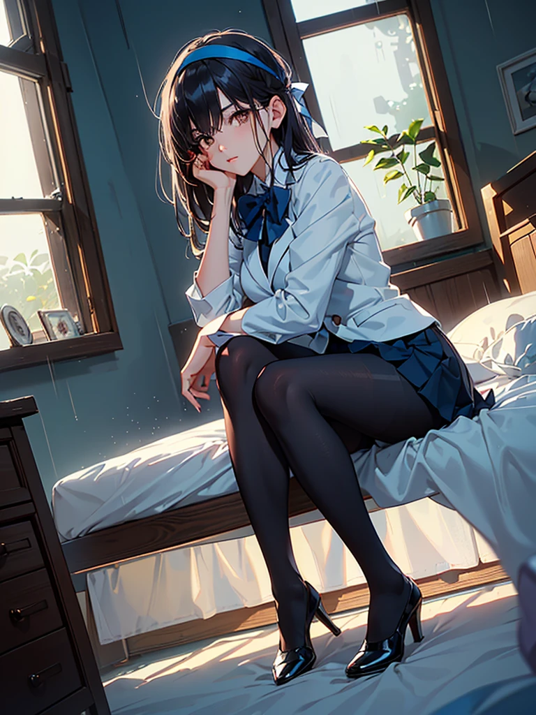 absurdres, RAW photo, extremely delicate and beautiful, masterpiece, Best Quality, ultra high resolution, 32k, hyperrealistic, ultra-detailed, super Detailed skin, perfect figure, Very detailed CG 8k wallpaper, in her 20s, very small head, very small face, delicate facial features, tearful mole, earring, very huge round breasts, full body shot, shorter middle hair, wavy hair, ((school uniform)), bedroom,