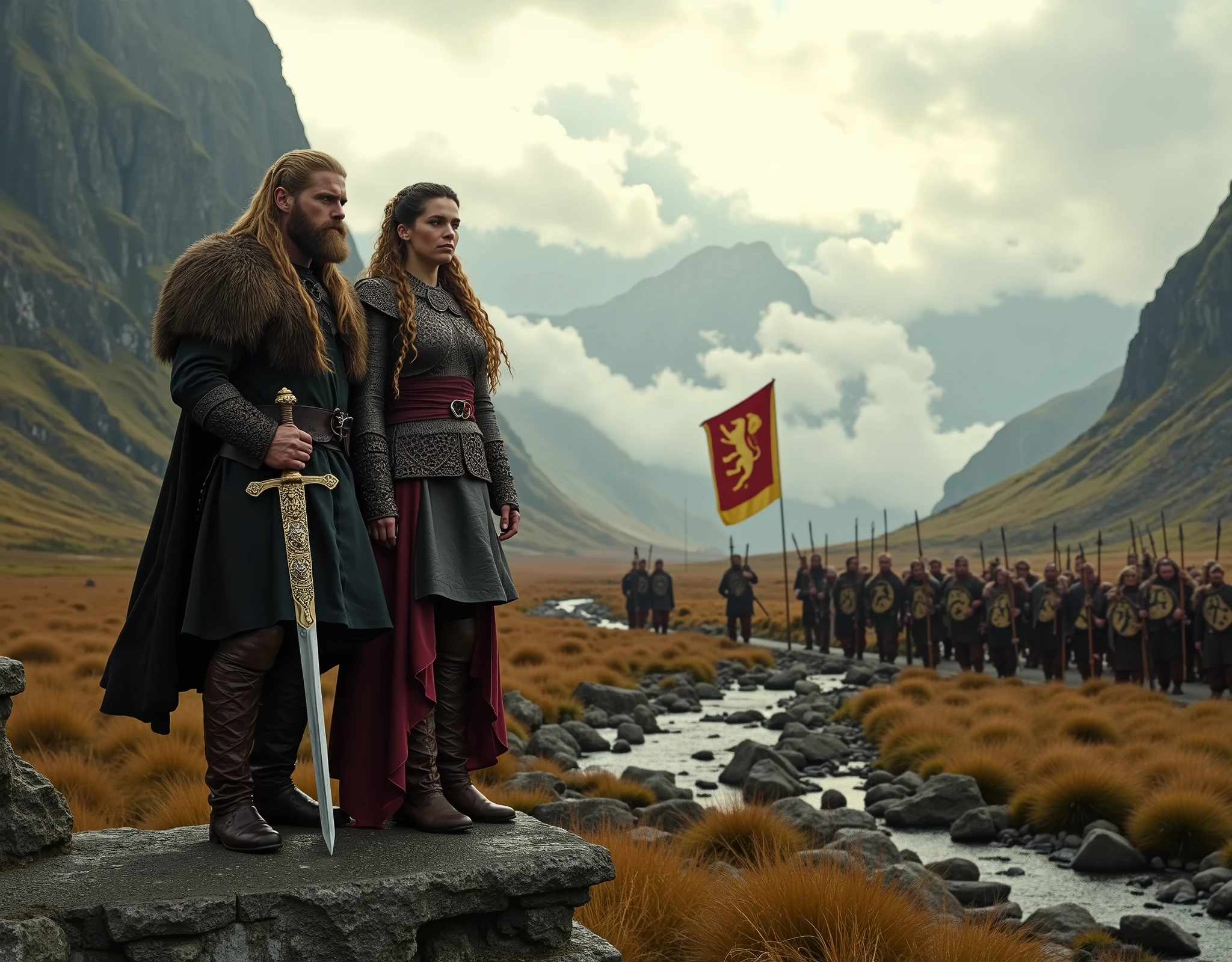 Steep and dramatic mountains are towering in the background and slightly obfuscated by low clouds as dawn breaks and sunrays pierce the clouds. A stream snakes its way down the fjord valley, revealing an ornate longhouse on the far riverbed. In the foreground stands King Ragnar Lothbrok and Queen Lagertha in regal Viking attires, with defiant expressions upon their faces, draped with wolf fur tippets and Viking-style royal jewellery. Ragnar rests his ornate sword on his shoulder, while Lagertha has her weapon sheathed in carved leather. They both have long braided hair, the sides of their heads are shaved. A band of orderly Viking soldiers march from the distant Longhouse alongside the river, carrying a regal red banner with a gold lion embroidered on it, each soldier equipped with painted ceremonial Viking shields and long spears. Shot on a Sony A7R IV with 50mm lens, professional DSLR, 8k resolution, HDR, noise reduction, soft cinematic lighting.