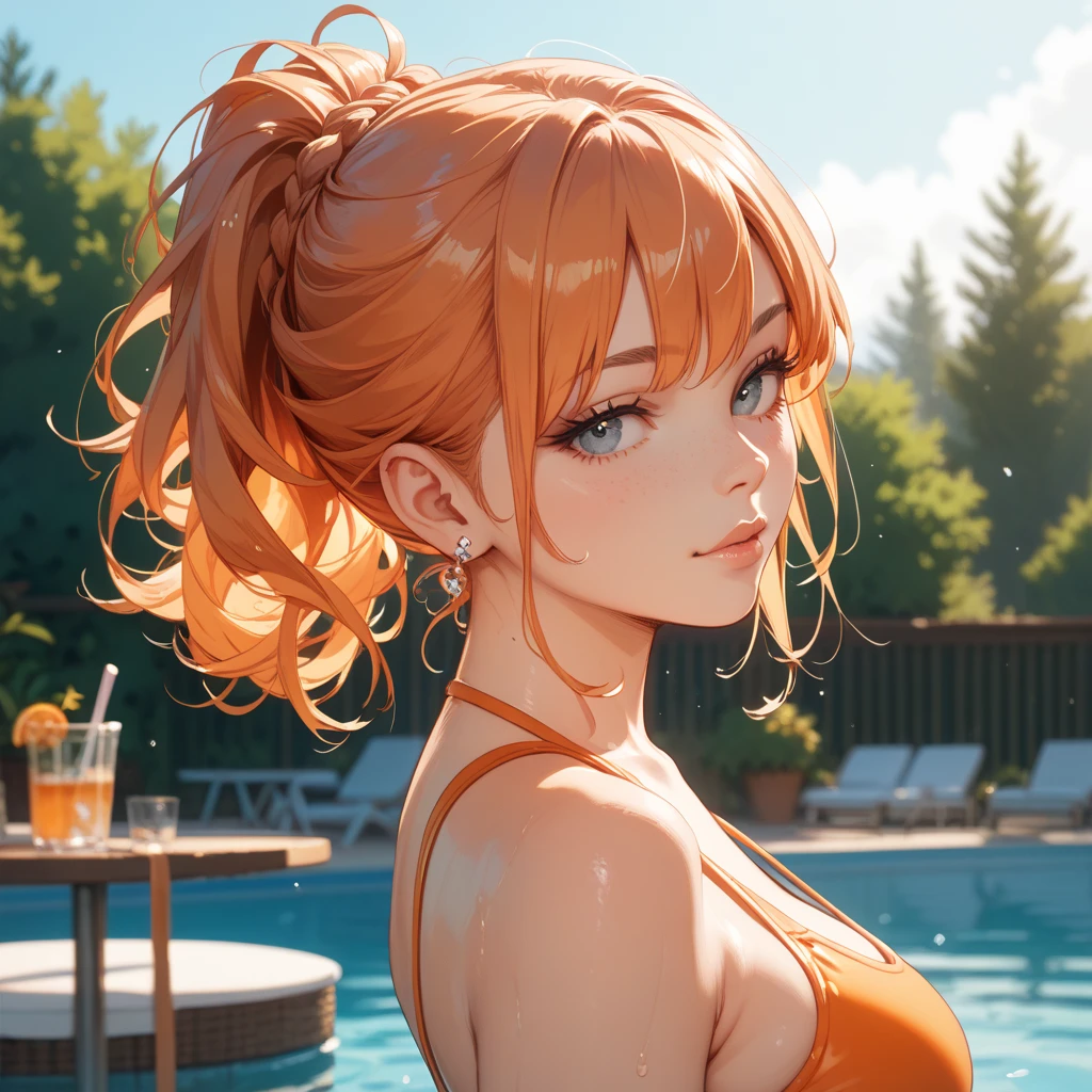 a woman, at the park, sunny day, orange sundress, RAW, UHD, 8K, (closeup:1.1), head, highly detailed face, stunning eyes, orange short hair, back towards camera, wet clothes, hands behind head