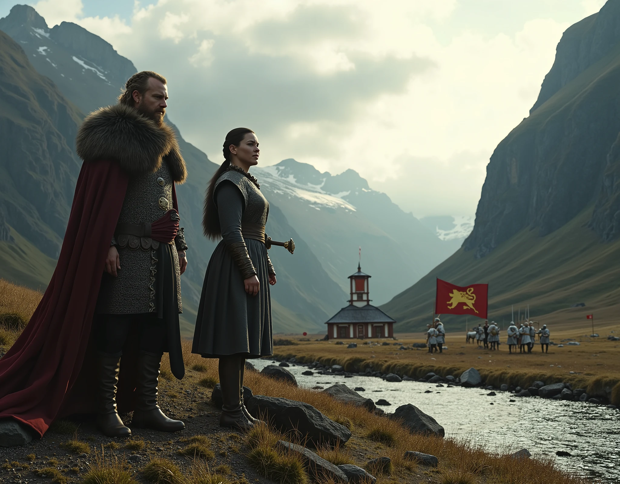 Steep and dramatic mountains are towering in the background and slightly obfuscated by low clouds as dawn breaks and sunrays pierce the clouds. A stream snakes its way down the fjord valley, revealing an ornate longhouse on the far riverbed. In the foreground stands King Ragnar Lothbrok and Queen Lagertha in regal Viking attires, with defiant expressions upon their faces, draped with wolf fur tippets and Viking-style royal jewellery. Ragnar rests his ornate sword on his shoulder, while Lagertha has her weapon sheathed in carved leather. They both have long braided hair, the sides of their heads are shaved. A band of orderly Viking soldiers march from the distant Longhouse alongside the river, carrying a regal red banner with a gold lion embroidered on it, each soldier equipped with painted ceremonial Viking shields and long spears. Shot on a Sony A7R IV with 50mm lens, professional DSLR, 8k resolution, HDR, noise reduction, soft cinematic lighting.