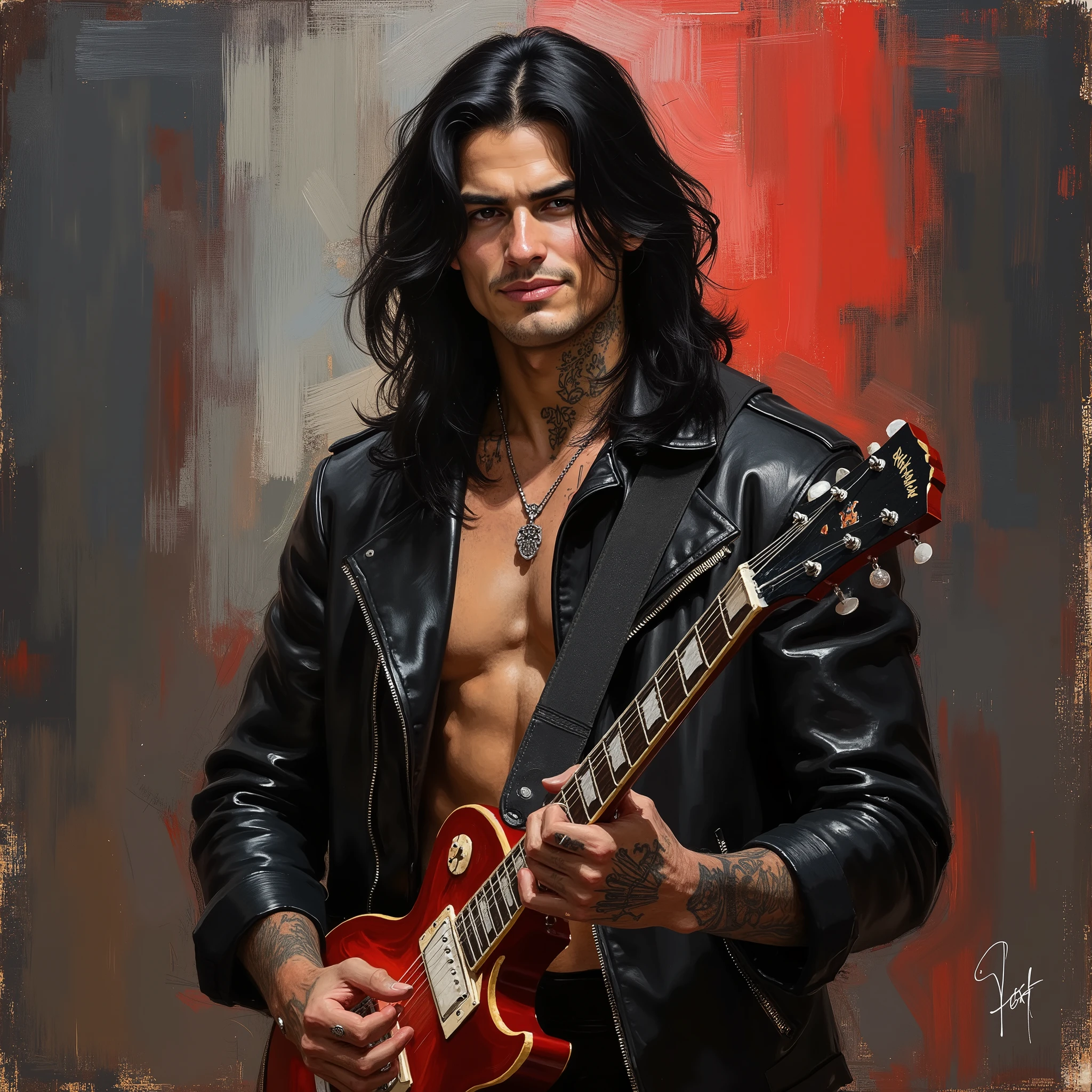 Create a modern painting of an attractive young Caucasian man with fair skin, smirking, very long black hair past his shoulders, sharp rugged features, gray eyes, holding a electric guitar, with detailed tattoos on his neck and hand, wearing just a leather jacket, silver rings, he has a tall lean build. The background should hava a Rockstar vibe. Use vibrant colors and detailed textures, emphasizing the clothing and the guitar. The art style should be modern, focusing on realistic lighting and shadows, everything must be anatomically correct. Background is a rock stage.