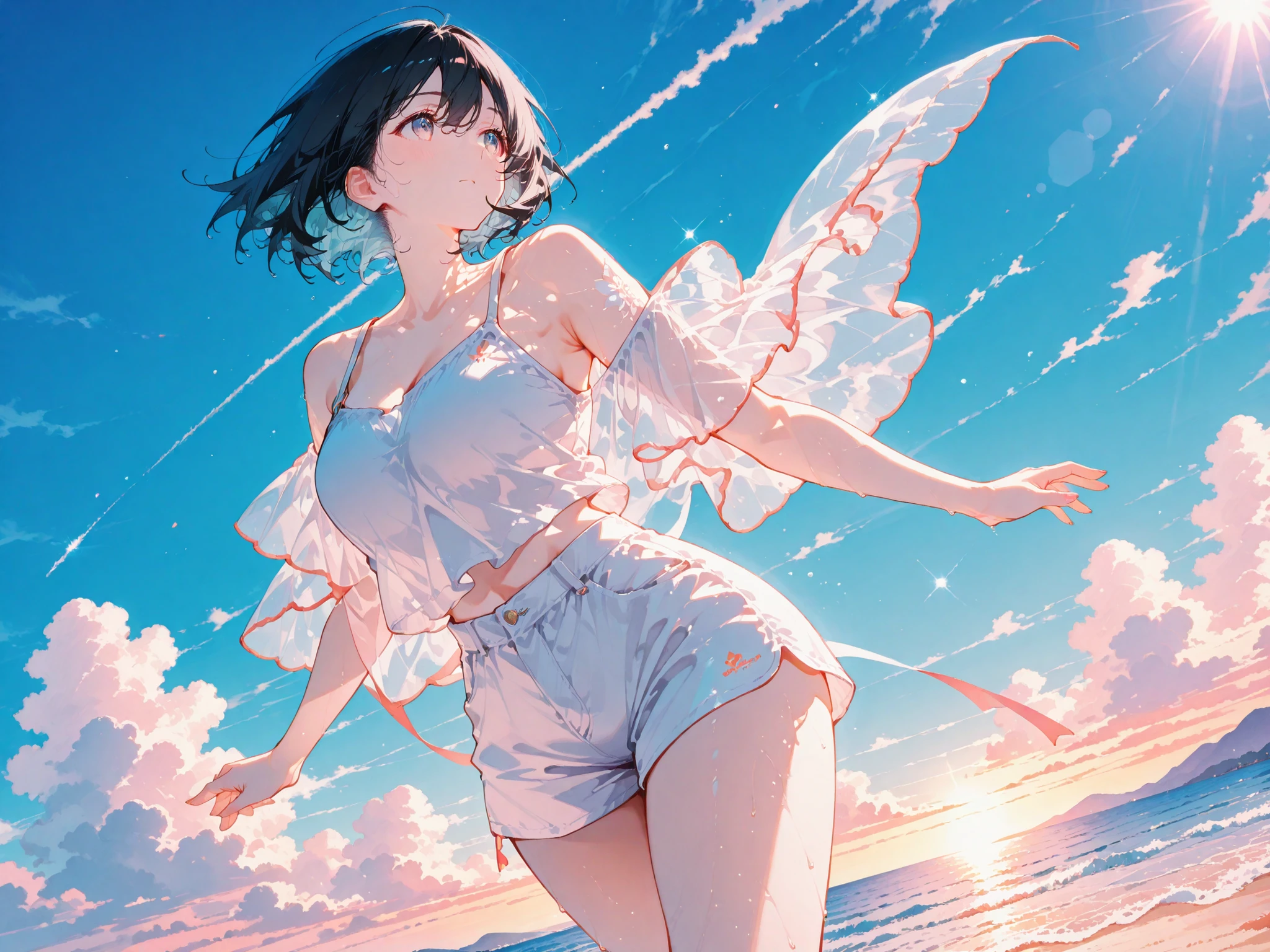 masterpiece,best quality,dynamic angle,woman,(tareme:0.7),black hair,short hair,(Broad shoulders:1.2),short pants,outdoor,アニメ風、高精細