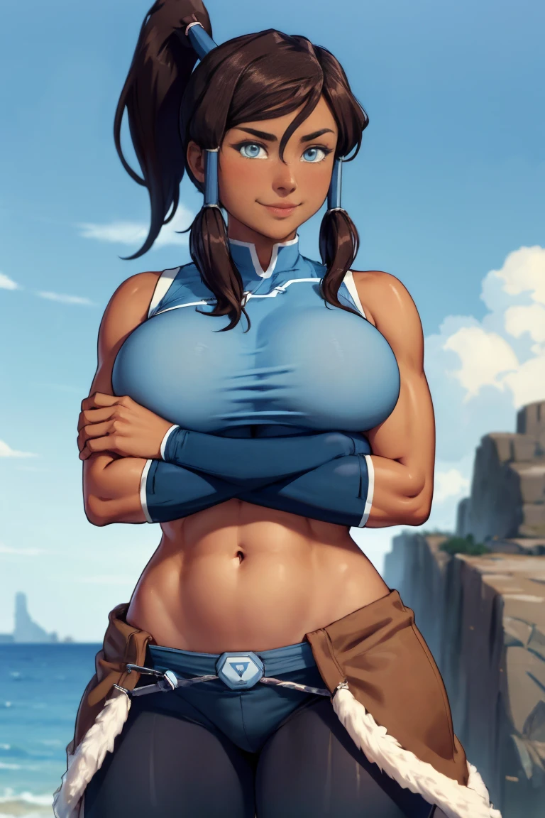 (korra:1.2), muscular woman, (ponytail, hair tubes:1.2), sleeveless, bare shoulders, brown hair, blue eyes, dark blue pants, beach background, (tan skin, dark skin, dark-skinned female:1.5), (realistic:1.2), (masterpiece:1.2), (full-body-shot:1.2),(Cowboy-shot:1.2), neon lighting, dark romantic lighting, (highly detailed:1.2),(detailed face:1.2), (gradients), colorful, detailed eyes, (detailed landscape:1.2), (natural lighting:1.2),(detailed background), detailed landscape, (cute pose:1.2), solo, close up, naked ,show tits,smirk