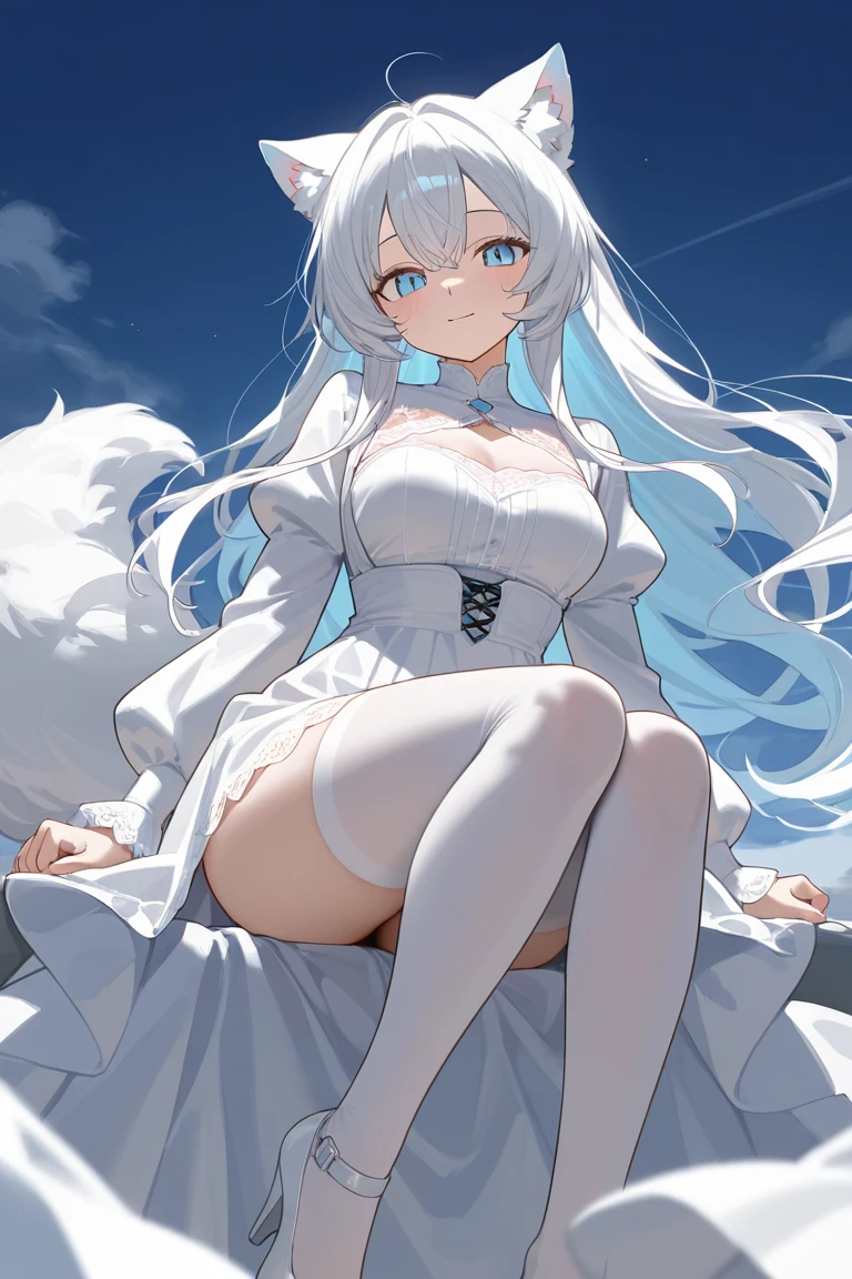 Anime girl with white hair and white skirt standing in water with a black dog, White Cat Girl, loli in dress, anime barbie in white stockings, small curvaceous loli, Very beautiful anime cat girl, beautiful anime catgirl, Guviz, seductive anime girls, nightcore, Best Rated on pixiv, Anime girl, Beautiful anime, Beautiful anime girl