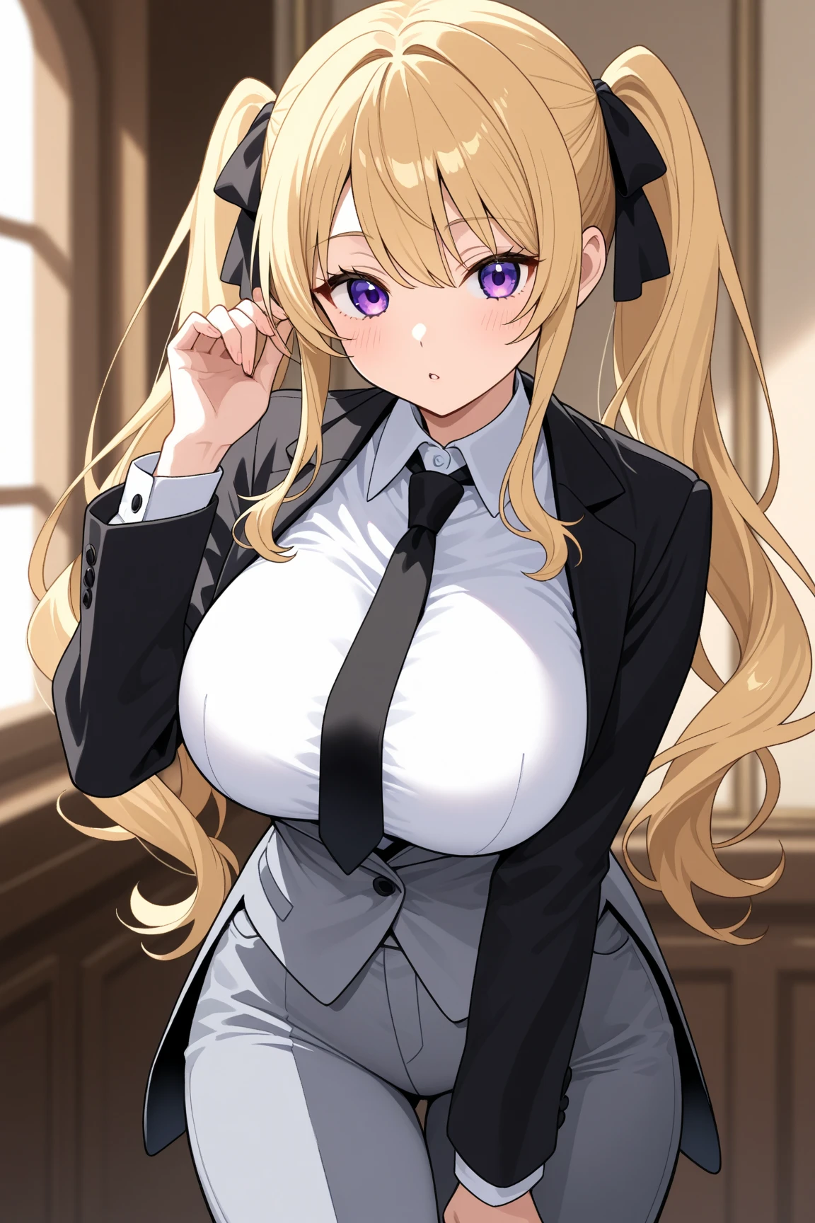 masterpiece, best quality, highres, high_definition, very long hair, a hotel, 1girl, solo, a woman in a sexy dress, sexy pose, blush, little smile, bangs, hair_between_eyes, purple eyes, blond hair, ponytail, big_breasts, sexy, seductive pose, sexy pose, very long hair, arm behind head, jacket, black dress, sheath dress, black jacket,