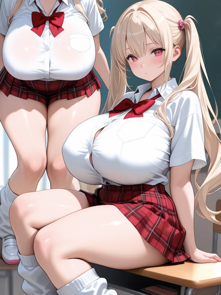 Four women、teenager、Girls&#39; School、classroom、Crowd of schoolgirls、high school girl、Smiling with teeth showing、Blazer uniform、Gingham check pleated skirt、Short pleated skirt、黒Gal、Gal、Tight panties、Colorful manicure、Low - Angle、Galピース、Galポーズ、黒のsatin panties、blonde、 Side Ponytail、Gal化粧、Heavy makeup、mascara、Dark eyeshadow、Brown skin color、Beautiful woman、Very thick thighs、Big 、Big Ass、Unbuttoned shirt、loose socks、Scrunchie、Acme Face、Best image quality、High resolution、masterpiece、super high quality、Spread your legs、satin panties、Satin Bra、とてもBig Ass、Very large breasts  、blush、4k quality、blush、Cowboy Shot、{Highest quality}, {so beautiful}, {Very detailed}, {Best illustrations}, Browsing Caution, 