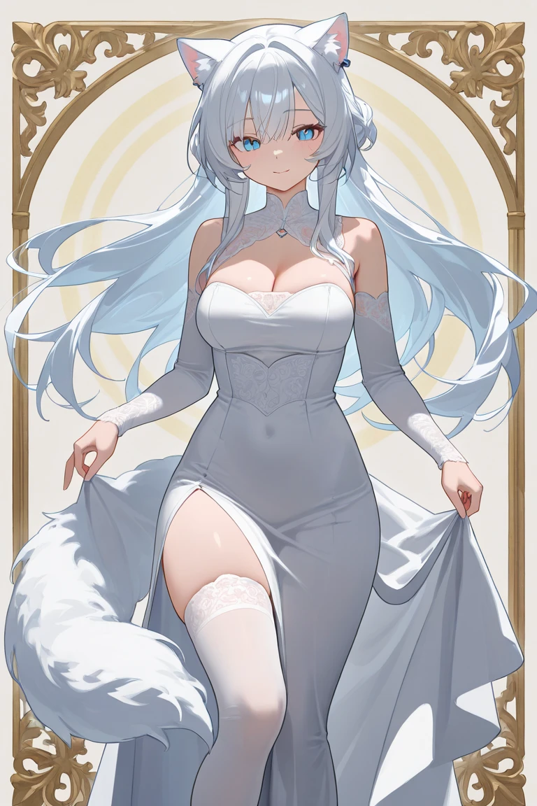 high detail, super detail, super high resolution, high quality. Extremely sexy and beautiful girl, with a beautiful face, wide and beautiful lips, lascivious smile, White skin, blue eyes, curvy body, beautiful feet and thighs, long white hair, white fox ears and fox tail, short dress, transparent dress, shows a lot of skin, It's low-cut. sitting, showing legs, completely open legs, showing feet. barefoot, feet on camera, big breasts, correct pie anatomy, foot anatomy, sexy pie, pies, Detailed feet, correct pie anatomy, detailed thighs, detailed curves, detailed breasts and body. very wet, wet clothes, clothing fabric marking your body more.