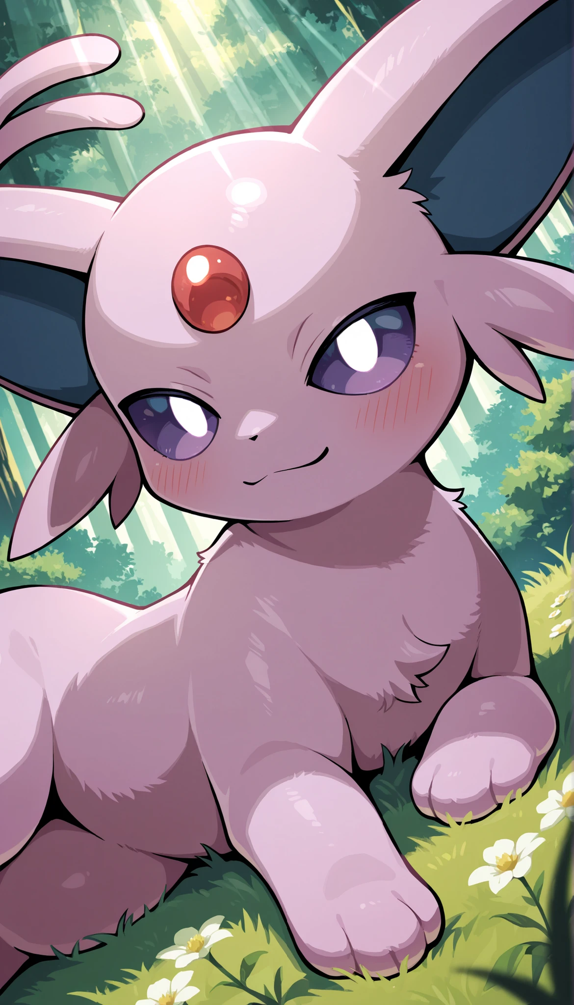 female, solo, pokemon (species), eeveelution, espeon, multi colored fur, fluffy, hires, detailed, anime, kemono, dagasi, park, detailed background, beautiful detail, sparkles, pixiv, cute kawaii, pussy, nipples, nude, seductive,