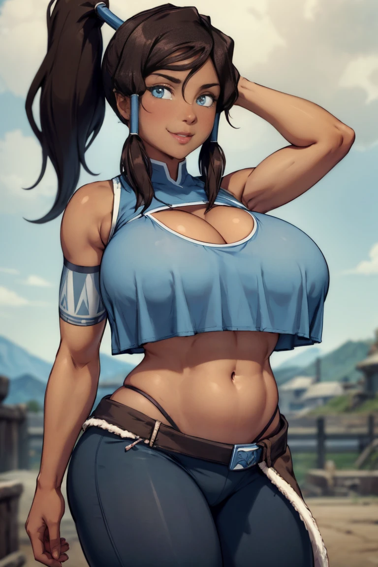 korra, dark skin, dark-skinned female, ponytail, muscular female, nsfw, high quality, detailed, high resolution, Natural Volumetric Lighting And Best Shadows, (Juicy Ass POV:1.1), Deep Depth Of Field, Sharp Focus, Portrait Of Korra, Korra, Soft Delicate Beautiful Attractive Face With Alluring blue Eyes, Lovely Medium Small Breasts, Thick Eyebrows, From Behind, Looking Back, Lustful Stare, Open Mouth, Windswept Disheveled dark brown Hair, Thick Layered Long ponytail Hairstyles, Blush Eyeshadow With Thick Eyelashes, Parted Lips, Heavy Breath, Bandage Underboob Breasts, G-String Bikini Panties, Skindentation, Body Blush, Tight Hips And Firm Buttocks, Backboob, (Bending Over Rear:1.2), On Bed Sheet, (Highest Quality, Amazing Details:1.4), Masterpiece, Bloom, Picturesque, Brilliant Colorful Paintings