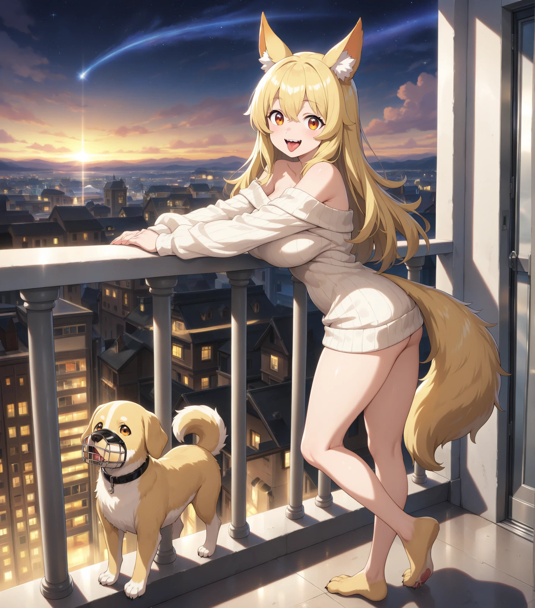 A drawing of an anthropomorphic female Labrador Retriever hybrid, standing in a balcony door at twilight. She has long, fluffy, light blonde hair that falls to her shoulders and forhead, styled with a center part. Her fur is a light golden color, matching her hair. Her ears are floppy and dog-like, positioned slightly back. She has large, expressive amber eyes with noticeable highlights, and her (short, small muzzle) is subtly dog-like with a (small, upturned nose) and visible upper, small k9 teeth. Her tongue is playfully sticking out a little. She's wearing only a cream-colored, long off-the-shoulder, loosely fitted sweater that accentuates her big bust and large cleavage and nothing else. The sweater has a ribbed texture and long sleeves but to short to barely cover her hips. Her body is voluptuous and feminine, with a visible waist and hips. Her long tail is a fluffy, light golden color, slightly curled, and is visible behind her. The background is a cityscape at dusk, with tall buildings visible in the distance, and the sky is a deep twilight blue with a few stars. The balcony railing is subtly visible behind her. The overall style is anime-influenced art, with soft lighting and smooth shading. The image should have a slightly sensual but playful tone. The level of detail should be extremely high, showcasing individual strands of hair, the texture of the fur and sweater, and the subtle reflections of light in her eyes. The image should be in a 4k resolution or higher 8k resolution. The color palette should be warm and inviting, with a focus on golden yellows, creams, and deep blues. The overall mood should be romantic and slightly mischievous. She is bending slightly to show more of her bust. ((Full body view)) from head to dog feet, facing the viewer. She is excited and smiling to see her owner.