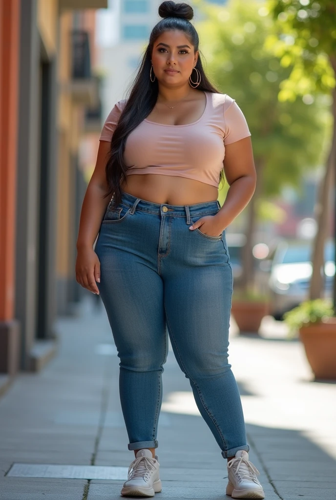 In a full-length frame, a plus-size woman with thick, well-shaped eyebrows and long, thick eyelashes poses boldly in a stylish crop top and dress. She has a curvy body with a high waist and thick thighs, and her face is plump and gorgeous. Her curly black hair with highlights and her beautiful, detailed blue eyes make her stand out. The London street food market is bustling with colors and sunlight, creating a cinematic photoshoot effect.