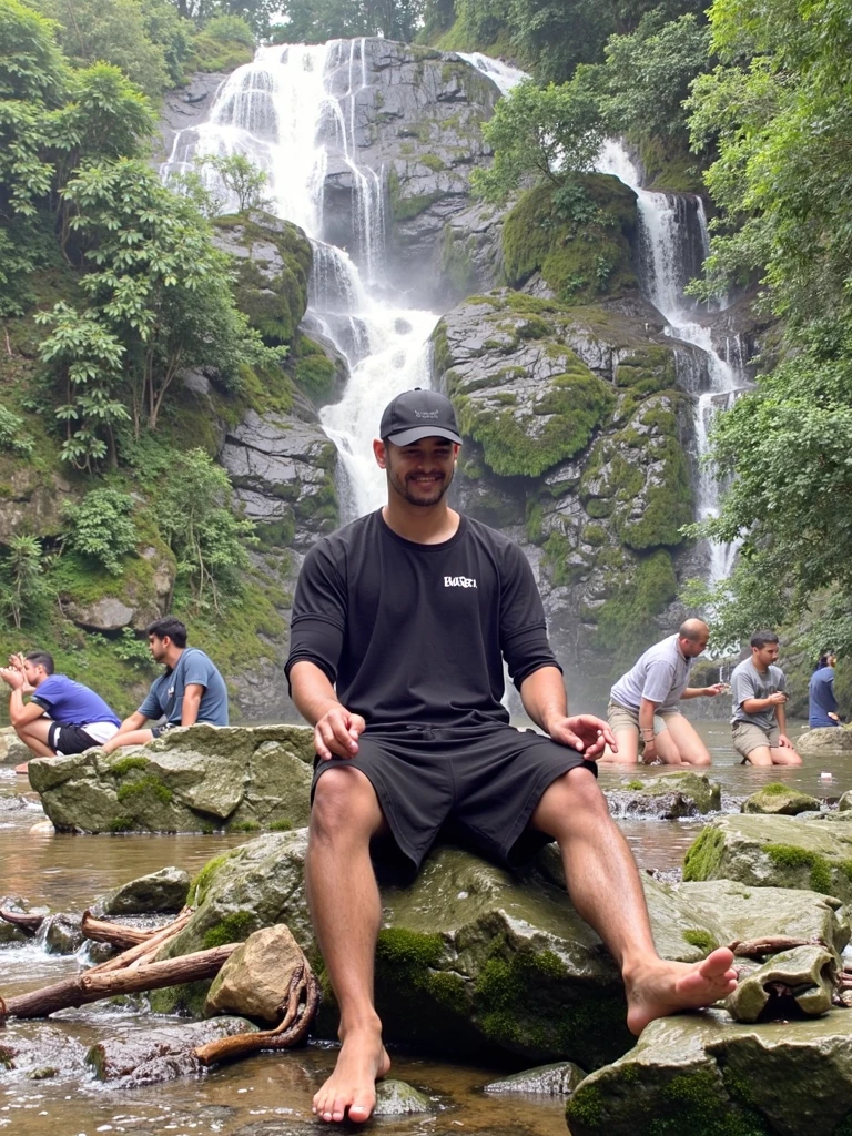 There is a man sitting on a rock in the water, standing at a waterfall, waterfalls in the background, standing in front of a waterfall, playing in waterfalls, next to a waterfall, waterfall in the background, with waterfalls, with waterfalls, standing inside a waterfall, bathing in a waterfall, standing near a waterfall, waterfall in the background, under a waterfall