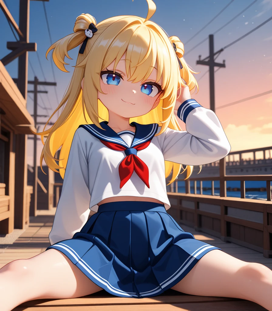 Himikotoganova, (1 girl, alone), (perfect eyes), blonde hair, double bun, messy hair, bangs, yellow eyes, serafuku, bags under eyes, smile, blue skirt, long sleeve, looking at the viewer, put one's hand in one's pocket, red neckerchief, double piece,squatting down