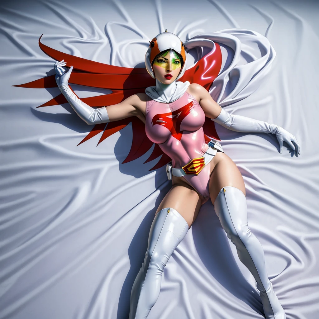 ANI_CLASSIC_jun_gatchaman_ownwaifu,1girl, ,good anatomy, masterpiece, best quality,realistic, hyperrealistic, 16k hdr, long hair,breasts,green eyes,lips,large breasts,lipstick,makeup,gloves,cape,helmet,belt,elbow gloves,white gloves,mask,ultra miniskirt,leotard,spacesuit,white tight overknee highheels boots,pink dress,superhero,bodysuit,cleavage,erected nipples,(lying flat poses, view from above),cameltoe,full body