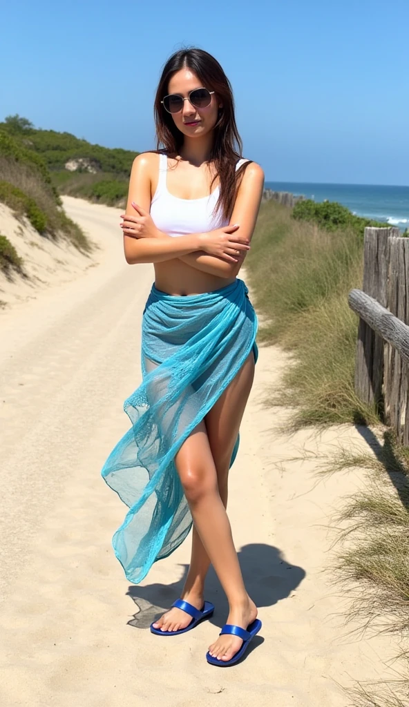 young woman sitting, beach, shy, (amateur) WindyUpskirt <lora:WindyUpskirt:0.9>