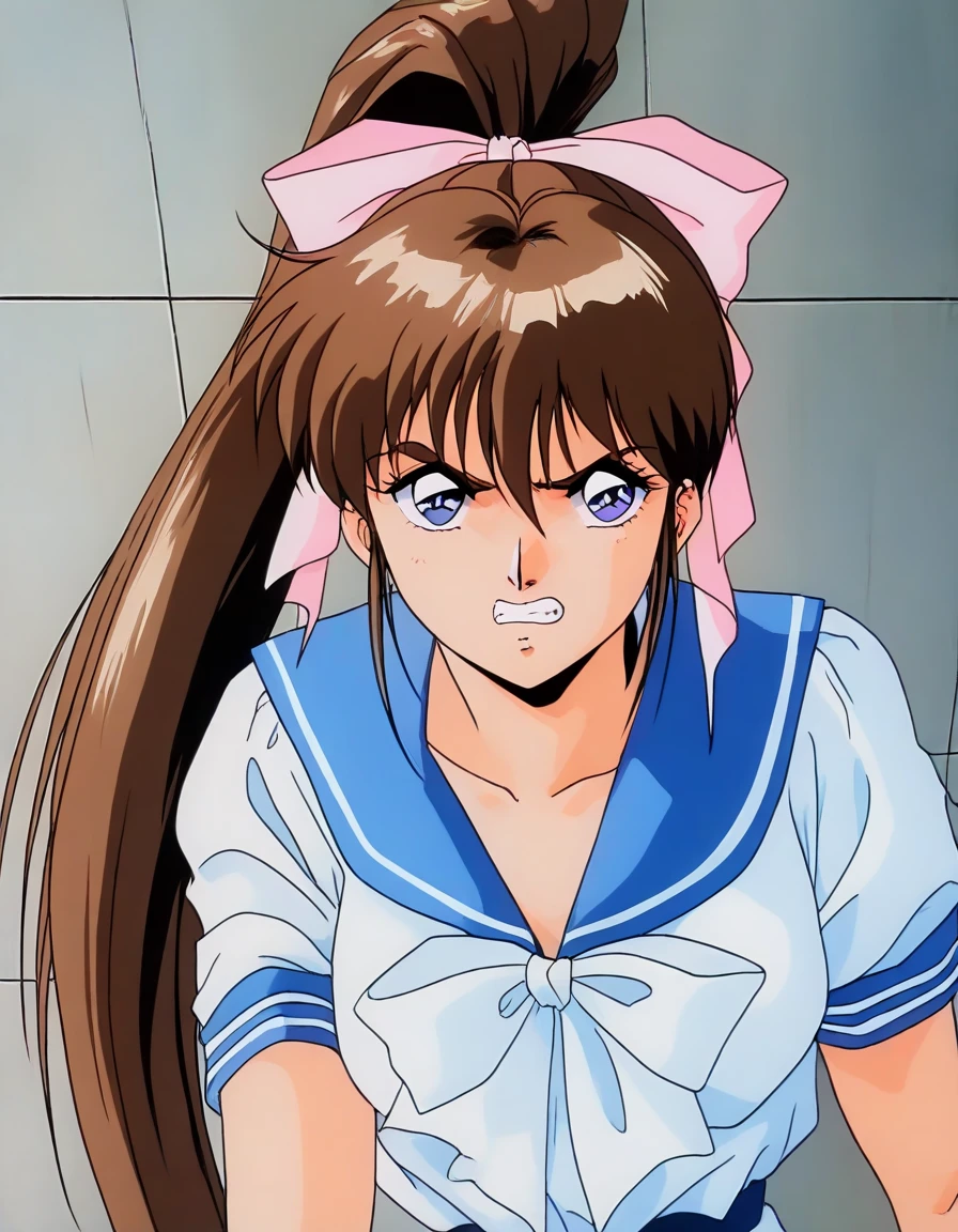score_9, score_8_up, source_anime Bibl3, cute girl has penis above her face, cock shock, busty shortstack, brown hair, twin braid hair, hair ornament, hair ribbon, huge breasts, heavy breasts, breast expansion, full lips, vivid lips, huge penis in over girls face, detailed penis, precum, viewed from above, on knees, girl shocked, innocent expression, face focus, girl looking up at penis, raised eyebrows, detailed eyes, detailed face, pretty woman,