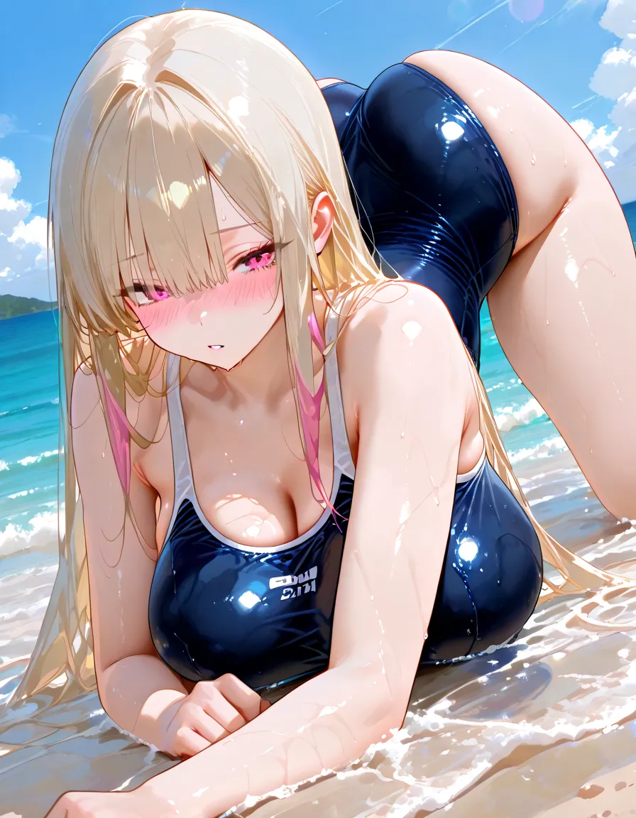 nsfw,women,rash guard,(closed eyes),((excessive cum)),blonde,straight long hair,open mouth,large breasts,,sweat,woman on top spread legs,beach,from below,fullbody,(clothes see through),