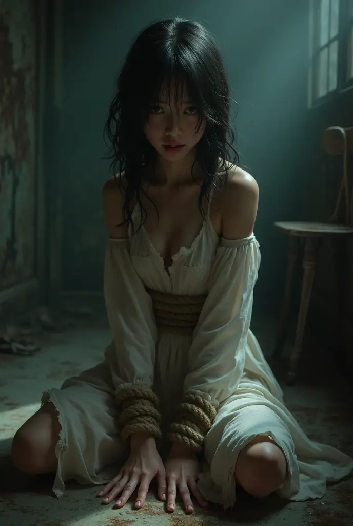 at sunset,spectacular cloud formations,Young girl hanging from tree by rope,wrapped in wool blanket, Dirty heavy blanket,Both arms are tied with thick ropes、sweating、很多sweating、Dirty face,cleavage,Blood on the face,beautiful big eyes,Highly detailed eyes,double eyelids,Blood from the corners of the mouth,bloody bandage,(((shackles on the tree)), ((shackles, chain lead, metal collar, The wrists are tied)),BDSM , slavery, restraint,The chains tied her body、wet body、Thick iron chain cuts into crotch、A large amount of fluid leaks from the crotch、Tower is good、wet clothes、One leg is suspended from it by a crude chain、tied with chains、hold firmly、hands tied、Legs hanging from shackles,
(8K, original photography, Top image quality, Masterpiece: 1.4), ultra high definition, (realistic, Realism: 1.48), (Masterpiece、top quality)、Wavy hair、Tight tops、White gloves、mini skirt、dynamic poses)、(wide angle、depth of field)、(Dark atmosphere、Enough to stand out among similar products)、Very detailed, (lifelike:1.5), (The original image, 8K high resolution:1.2), RAW candid movies, 16 mm, Color graded Portra 400 film, Surreal, subsurface scattering, Ray tracing, (Volumetric lighting),stand up,the crowd behind
