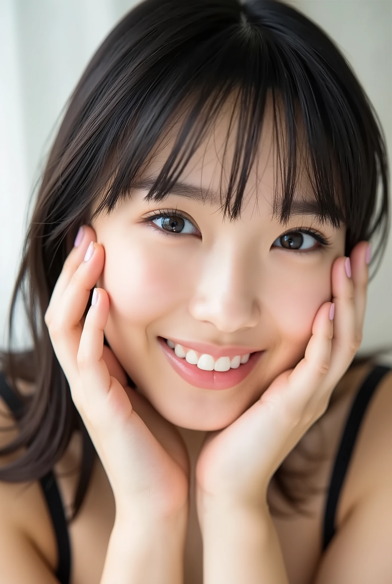 An extreme ultra close-up portrait of a stunningly beautiful young Japanese woman in her early twenties. Her face fills 95% of the frame, captured in cinematic soft lighting. She has a warm skin tone with flushed cheeks, porcelain-smooth complexion, visible soft peach fuzz, and a subtle natural sheen, like a luxury skincare advertisement.
Her expression is completely melted with affection and bashful joy — a wide, trembling smile with parted glossy lips, slightly showing her upper teeth, as if she's barely containing laughter from overwhelming happiness. Both hands gently cup her cheeks with fingers softly curved, fingertips lightly touching beneath her jaw.
She wears a simple black camisole with one shoulder strap slightly falling off, revealing delicate collarbones and emphasizing her emotional vulnerability.
Her straight black hair flows naturally with soft, airy bangs, catching light with silky highlights. Her head is tilted slightly downward with chin tucked in, posture leaning forward gently as if emotionally collapsing.
Her **eyes are huge, moist, and overflowing with sparkling emotion**:
– One eye is winking playfully, the other gazing at the viewer with a **tender, lovestruck look**
– The open eye features **multi-layered crystalline irises**, glowing softly with **bright pastel highlights**, and **heart-shaped catchlights** dancing across the surface
– Her expression feels completely lost in love: sweet, euphoric, and dopey
– Her gaze is slightly dreamy, shimmering with emotional warmth and intimate sparkle
The background is soft, white, and gently blurred with cinematic bokeh. Lighting emphasizes the glow of her skin and the emotional texture of the image. The overall look is hyperrealistic, deeply affectionate, and saturated with a helplessly sweet and bashful mood.
— Expression: melty smile, soft cheeks, emotionally overwhelmed
— Eyes: sparkly, heart-filled, gently glowing, ultra-expressive
— Lighting: cinematic soft white with golden