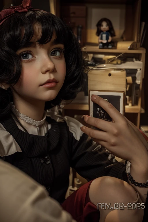 A unique artistic doll with large, round eyes that have intricate details. aspect creppy, The doll is listening to music with headphones, the doll is looking at the starry sky and at night, the doll has a pale complexion with spots running down her cheeks, giving her a somewhat creepy appearance. Her hair is long, dark, and braided, with two large tattered bows on either side. The doll is dressed in a vintage-style dress with a crossover neckline, decorated with a black ribbon. The background is off, allowing the doll to be the main focus.