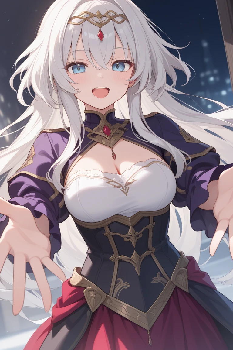 (masterpiece, 4k, best quality, highly detailed, 1 mature female, solo), light purple hair, purple color eyes, single braid, very long hair, upper body, (large breasts), (38 years old), ((goddess of the sky)), incarnation of the starry sky, background is the star, (mother, wife), smile, perfect flesh full of texture, upset, charming visual enjoyment