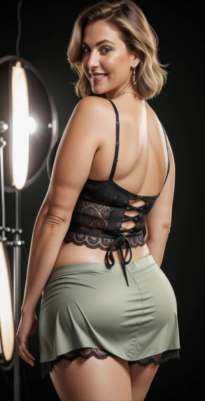 1 mature woman in, age50, Solo, medium casual hair, Bob hair, curvy body, Looking at Viewer, grayblondehair, Bare shoulders, Brown eyes, jewely, Full body, a necklace, off shoulders, (wearing elegant patterned tie tube Lacy yellow heart Bikini), Distant photo, Realistic, A sexy one, beautiful colour, Perfect skin, 3 bust size, instagram (Realistic, A high resolution),photo size 3:4, 1 cute sexy mature woman, large expressive blue eyes, happy, (8K, raw photo, Best quality, High detail, curvaceous forms, curvy body, seductive pose, in the studio Foto with three ports lighting, black wall background. She smile with Extraordinary Pleasure expression. Her back is turned to the photographer
