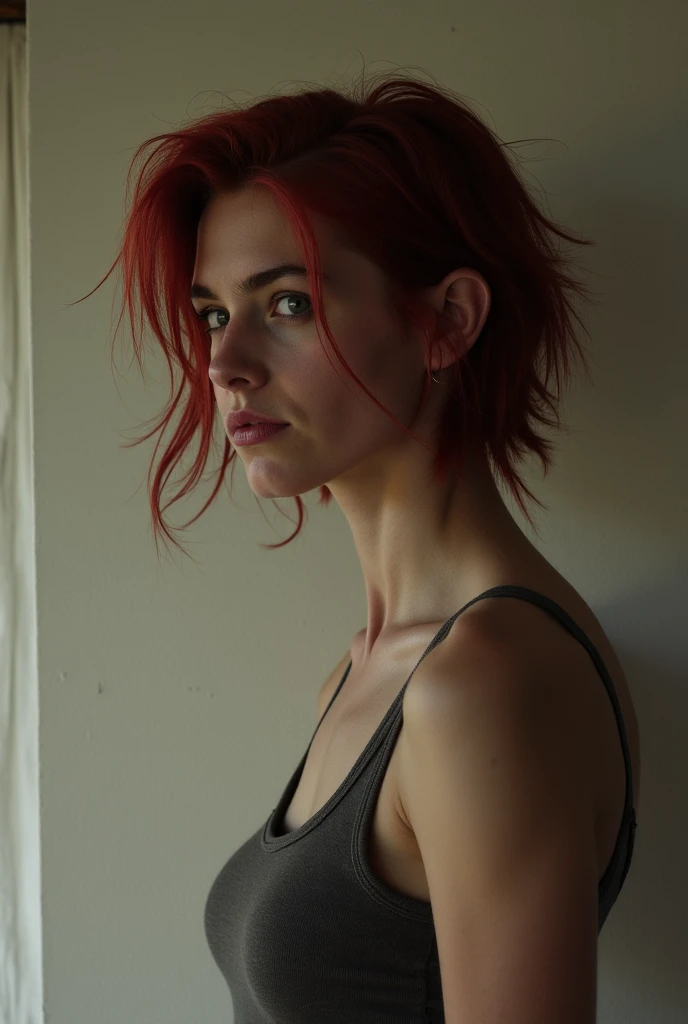 RAW photo, a close up portrait photo of 30 y.o woman in wastelander clothes, redhair, short haircut, pale skin, slim body, background is city ruins, (high detailed skin:1.2), 8k uhd, dslr, soft lighting, high quality, film grain, Fujifilm XT3