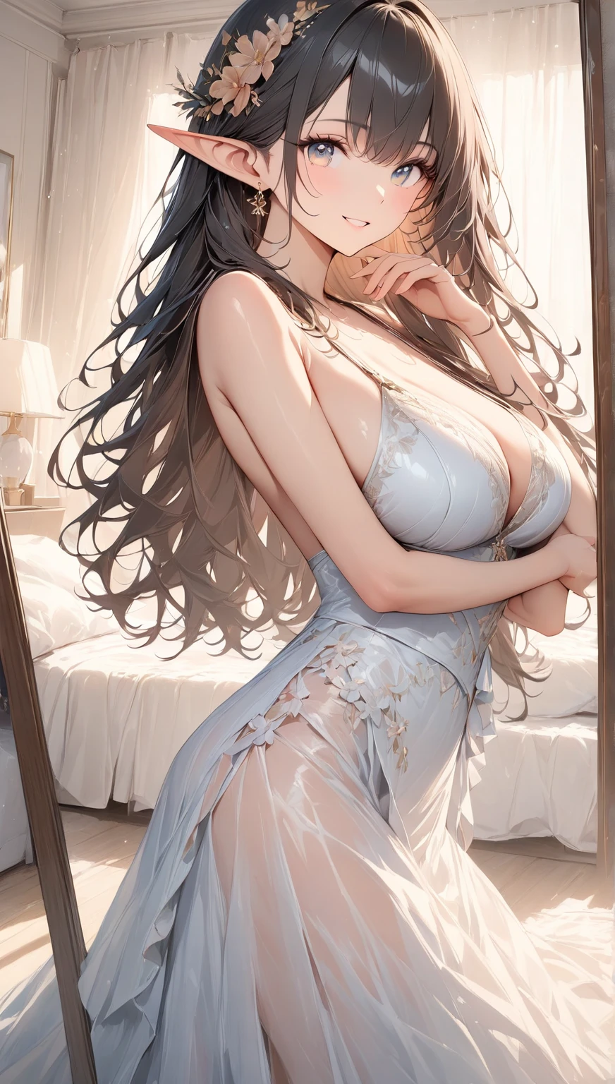 ((Highest quality)), ((masterpiece)), (detailed), One woman，28歳のBeautiful woman，Married Woman，Very y，Bigeautiful woman，Beautiful Face，Big eyes，Beautiful Eyes，Well-formed double eyelids，Beautiful teeth alignment，Beautiful body lines，Slender body，Beautiful Hands，Beautiful legs，Long hands，Long legs，Long and flexible hair，Shiny hair，Black Hair，Full Body Shot，White apron，No clothes，No underwear，Embarrassed expression，blush，Half-open mouth，from below,Naked Apron，Beul shoulders，Beautiful collarbone、Standing woman，A woman is viewed from below，Woman with legs open，