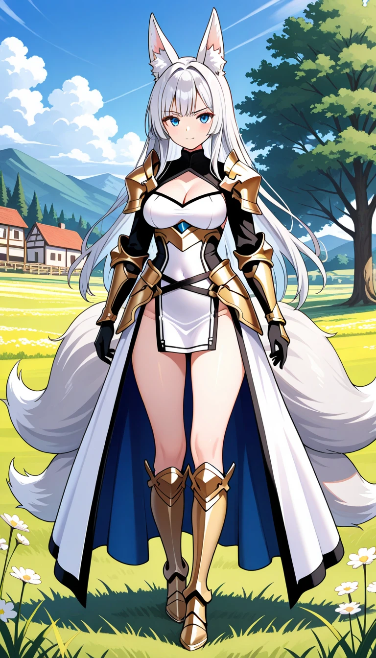 (masterpiece, Highest quality), Intricate details, 8k, White cat, Slim figure, background of fantasy, White Hair, furry, Red eyes, 10th Generation, Normal height, ((1 person)) , (((female))), smile, Paladin, shoes, Outside the city, Iron Pants, greatsword, Long Hair, Open your mouth, 