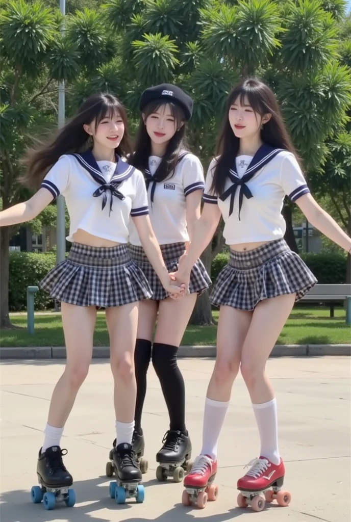the three of them are posing in their shorts and socks next to a statue, multiple girls, skirt, outdoors, , socks, blue skirt, shirt,a hyperrealistic ,mask,4K,High resolution、high resolution、8K、real live action、Raw photo、