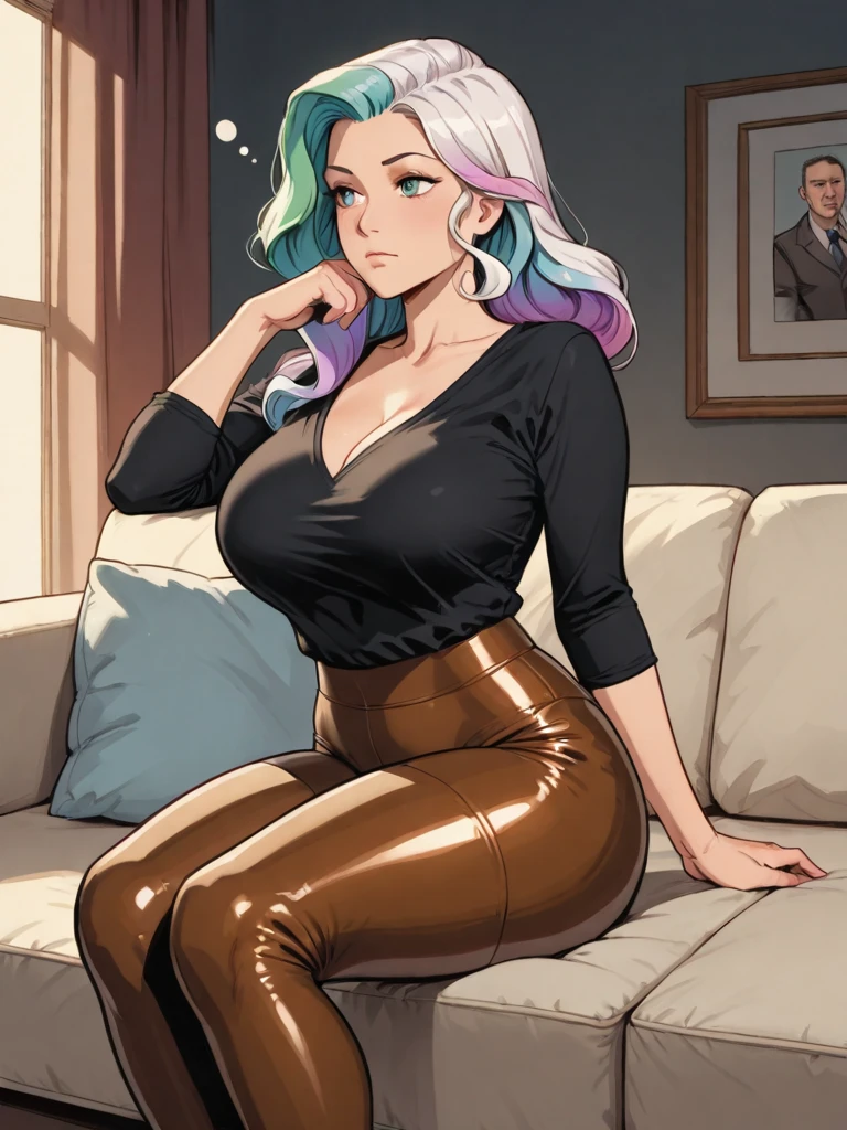 (masterpiece, best quality:1.2), extremely detailed, detailed hair, futanari, mature female, 1girl, solo, close-up, looking at viewer, (arms behind head ), squatting , <lora:Erect Human Penis v1:1.0> ,erection, (large penis ,large testicles:1.2), sagging testicles, dark penis, , <lora:Muscle2:0.8>, muscular, muscular female, SlightMuscle ,, huge breasts , BREAK Flowy maxi dress with a plunging neckline , (single hair intake,asymmetrical hair , mullet ) , green hair ,, (freckles:0.8) ,necklace , surprised , thick eyebrows, , indoors, mansion , <lora:add_detail:0.25>, <lora:sleepygimp:1.0> , sleepygimp