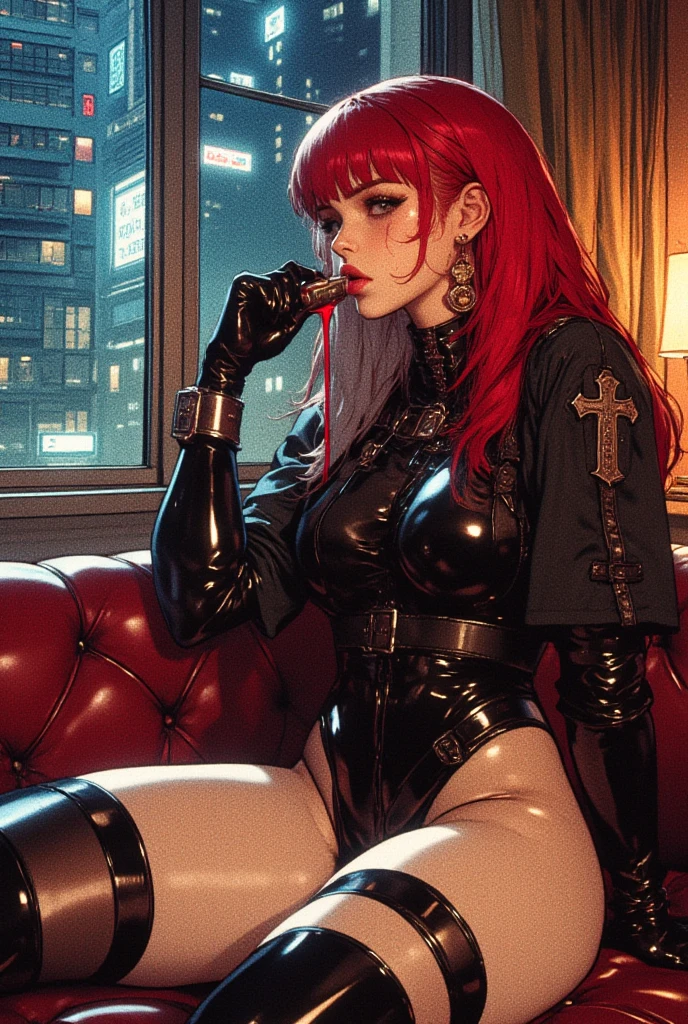 (((of the highest quality: 1.4))),(unparalleled masterpiece ever), (Ultra high definition),(Ultra-realistic 8K CG), offcial art、 (((adult body, accentuated super huge enormously gigantic breasts, deep cleavage showing))), (((1girl in))), ((( very long hair in pigtails ))), Punk girl with a perfect body, leather corset thigh high boots and mini thong with lots of straps buckles and zippers,Beautiful and well-groomed face,Fancy makeup,Detailed harajuku punk fashion, leather corset thigh high boots and mini thong, (Image from head to thigh, sitting spreading her legs open),((Platinum red hair )), Harajuku-inspired hooded jacket, Simon Bisley's urban savage style,Detailed street background of luxurious bedroom,Clean abs, Complex graphics, dark pink with white stars and gray and white stripeany poisonous tattoos )), piercings,