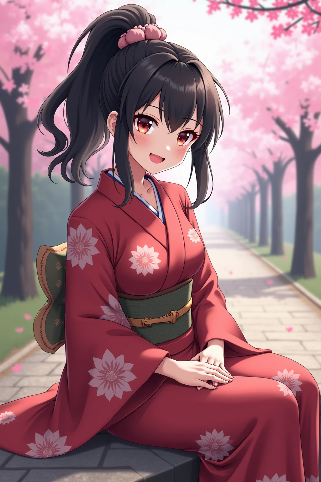 gorgeous lips, cinematic, (masterpiece), (best quality), (ultra-detailed), very aesthetic, illustration, perfect composition, intricate details, absurdres, detailed face, (anime, masterpiece, intricate:1.3), (best quality, hires textures, high detail:1.2), perfect hands, brown eyes, 1girl, very long black hair, high ponytail, side swept bangs, medium breasts, perfect eyes, 8k, highest quality, ultra details,1girl, solo, perfect brown eyes ,(japanese clothes, pale red kimono, fancy print, kimono, yellow sash, wide sleeves, obi) white socks, sandals, gold sun hair clip sitting on a wooden bench, in a cherry blossom garden, noon time, spring season, falling pink blossom petals, cinematic lighting, blush, looking at viewer, playing with hair, sparkling eyes, photoshoot, medium full shot, dolly shot, from the side