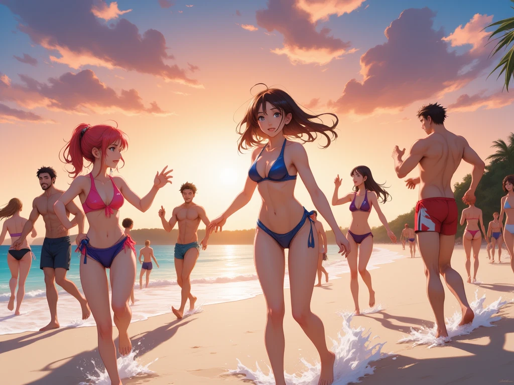 (anime artwork, anime style, studio anime, very detailed, up to date, vibrant, Anime Coloring, high contrast, masterpiece:1.2, best quality, best aesthetics),2 girl,hug from behind,bikini, Medium chest, A glimpse of thighs,random hair, One eye is hidden by the bangs, perfect proportions, high detail skin, Cute, detailed faces,beach, precise fingers,curvy,swim suits  crowd, dark skin,cocoa skin, swim suit tanned,full body 