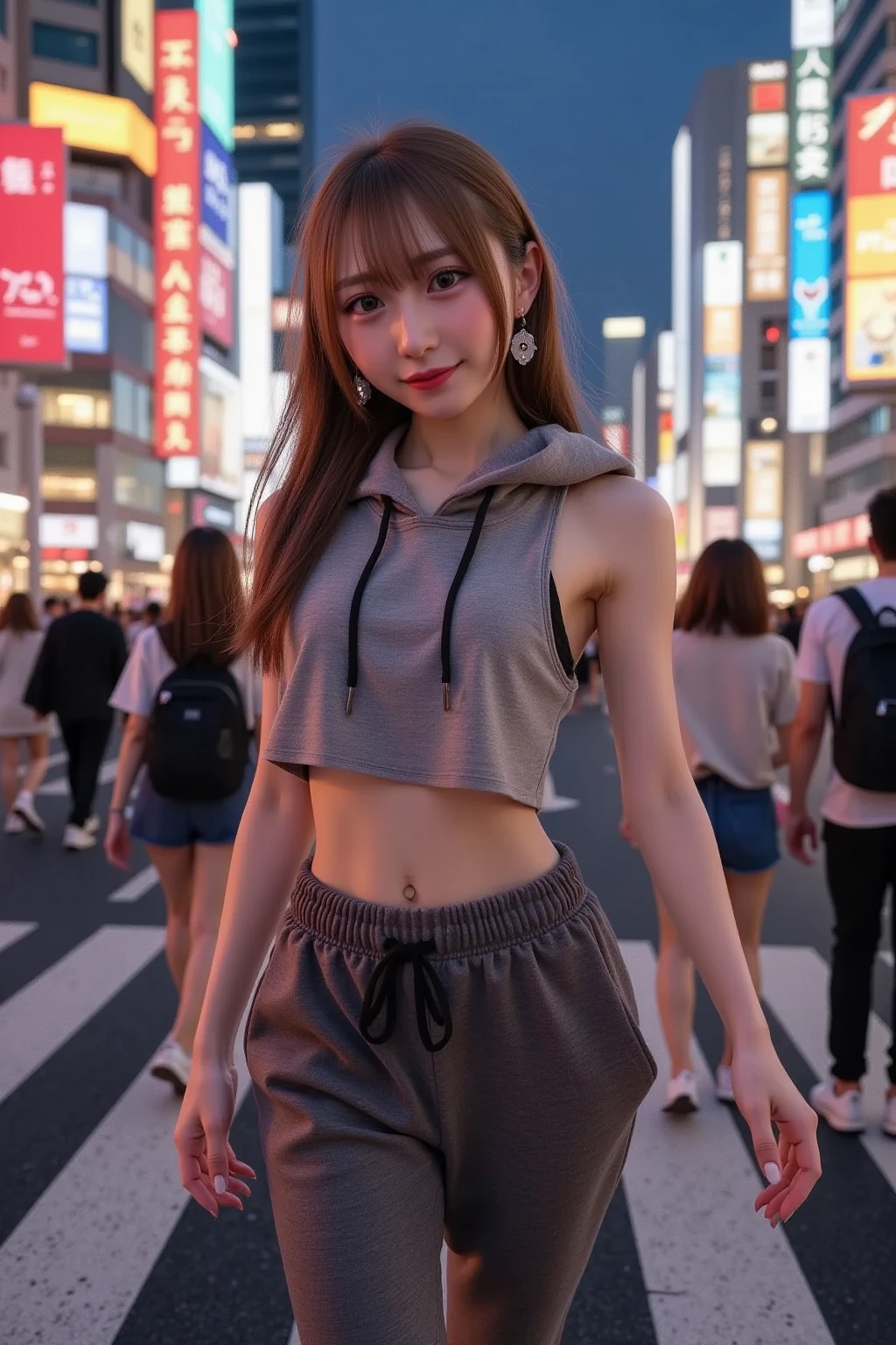 perfect photo, (masterpiece), 8k, best quality, expressive eyes, perfect face, Perfect hands, Perfect Finger, High resolution, high image quality, realistic skin texture, Realistic, ((Japanese, Girl, 19 years old)), Light brown hair, bangs, Twin tails, brown eyes, big eyes, Small face, Baby face, ((full-face blush, seductive smile)), Small breasts, (((hoodie, Navel, Low-rise mini Shorts, Thigh Highs))), Building district, Standing, night view, City lights, Starry sky, (from below), nsfw