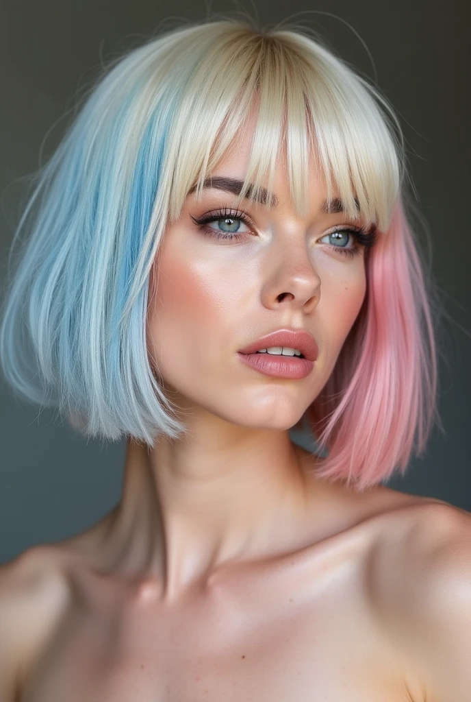 1 girl, white hair with pink streaks, Blue eyes , needles in hands