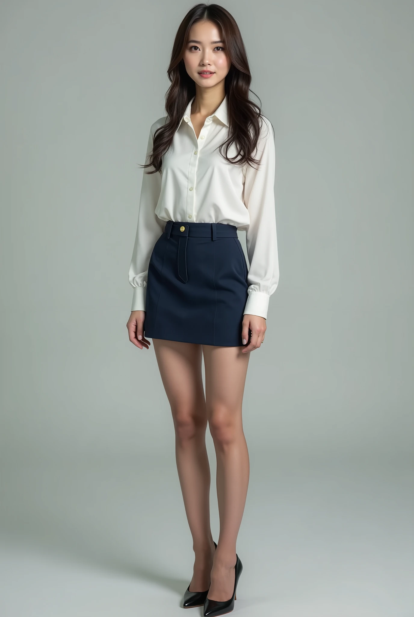 ((full body image)), ((From head to toe:1.5)), Sexy Beautiful Japanese Woman , 5, OL , business suit, ribbon, white blouse, dark blue mini tight skirt, skirt 15 cm above the knee, (light brown pantyhose:1.5), black enamel high heels , long hair, Textured Skin, Super Detail , High detail during meals , high quality , 最 high quality , high definition, 1080P, high definition, 4K, 8k