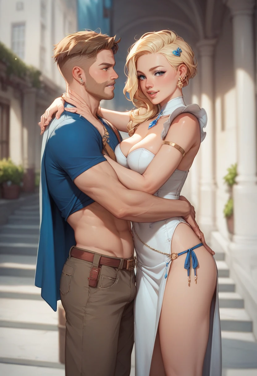 Zeus made,a Greek man god with white hair and beard,Cao Cao,stark,with muscles so thick and enormous that they are about to leave the body,virile and very masculine wearing ancient Greek costumes and leaving his chest and abdomen exposed,he kisses the goddess Hera with great lust,a Greek woman goddess with orange blonde curly hair,beautiful face and body,wearing sensual Greco-Roman costumes that would leave your body semi-nude,she would also use a blue cape that Zeus would be subtly removing,the scene would take place on Mount Olympus, a place with Greco-Roman architecture ,the couple would be kissing and Zeus would be squeezing Hera's buttocks