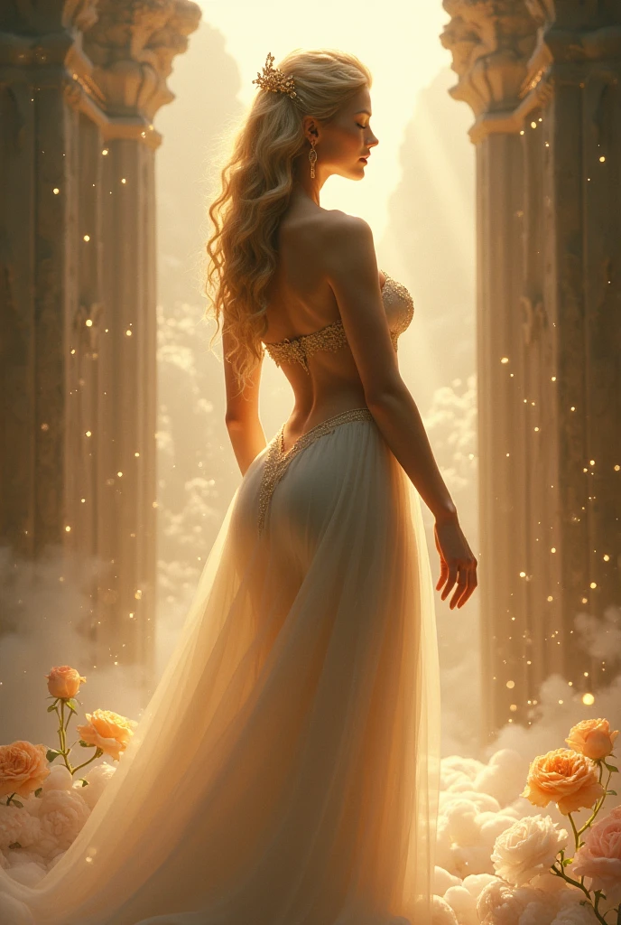 Beautiful blonde woman with sensual body, with jewelry, necklace, rings, gold bracelets, long curly hair, transparent dress, full body from the back showing the ass, walking among peony flowers, from the right and left side, super transparent, holy light , beautiful spectrum light, bright, sparkling petals, dark background, transparent light drops, reflected light, shining, light flowing in, optics, silhouette portrait, sunset, lake, sharp focus, magical, intricate, hyperrealistic, fantasy, composition, light, artstation trend, pearl, patron saint silver vapor cloud --auto