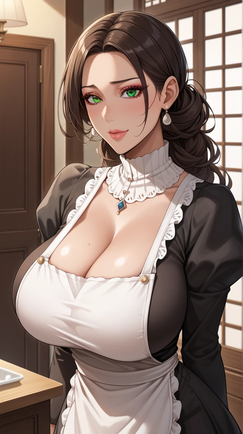 (((puffy sleeves,yellow dress,short sleeves,(((1girl,clavicle,makeup, Purple hair,brown eyes,lips,ponytail,short hair,lipstick,ribbon,collarbone, ))),(((wide hips))),S-shaped body:1.7))),((masterpiece)),high resolution, ((Best quality at best)),masterpiece,quality,Best quality,((( Exquisite facial features,looking at the audience,There is light in the eyes,blush,shy))),(((Light and shadow interlace,huge ,Kitchen background))),(((from behind,plump butt)))