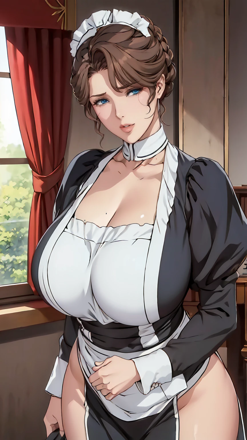 (score_9, score_8_up, score_7_up), (adult, 1man, 1girl, seductive face, seductive expression), close up, English woman, milf, brown hair, blue eyes, eyeliner, massive sagging breasts, apron, cleavage, nipple slip, topless, bare shoulders, leather choker, white lace gloves, frilly black miniskirt, extremely short skirt, thong, cameltoe, pubic hair, lace stockings, smile, indoors, morning , Victorian castle interior, shadow, rim lighting, natural light, cinematic, source_anime, rating_explicit,