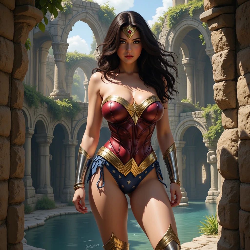 a fit woman in bodysuit, enormous breast, realistic, detailed, hyperrealistic, Hero pose, Standing next to beautiful waterfall and pool inside ancient temple, 1girl, high detailed, 8k, cameltoe, , , wonder woman, gal gadot, (full body:1.5)