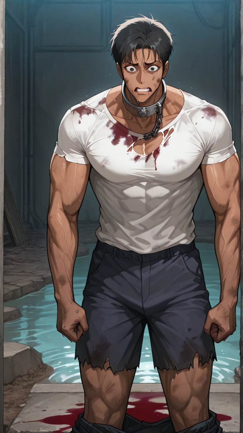 (NSFW:1.5), (Create a masterpiece: 1.2),(CGI art:1.3),(realistic:1.5),(After processing:1.3), (Sharp focus:1.3), male Chris Redfield, open mouthตกใจ, (Navy blue round neck T-shirt with short sleeves.: 1.3), Navy cargo pants, ,( abrasions on face: 1.5), (Blood stains on the face and body: 1.5), Korean guy , korean men, (High gloss details), chest muscles, large arm muscles, blood vessel, Big muscles, Broad shoulders, looking at the audience, Balancing the eyes, (Eyes look up: 1.1) , (genital very long big : 1.5), (Big testicles), (Erection of the penis: 1.5), (Cum: 1.5) , (open mouth: 1.6), see teeth, (Open your eyes wide.: 1.3 ), (Eyes look up: 1.3 ), (Torn shirt: 1.5), middle of the road,(Fire blazes behind) ,(Leech worm:1.3)