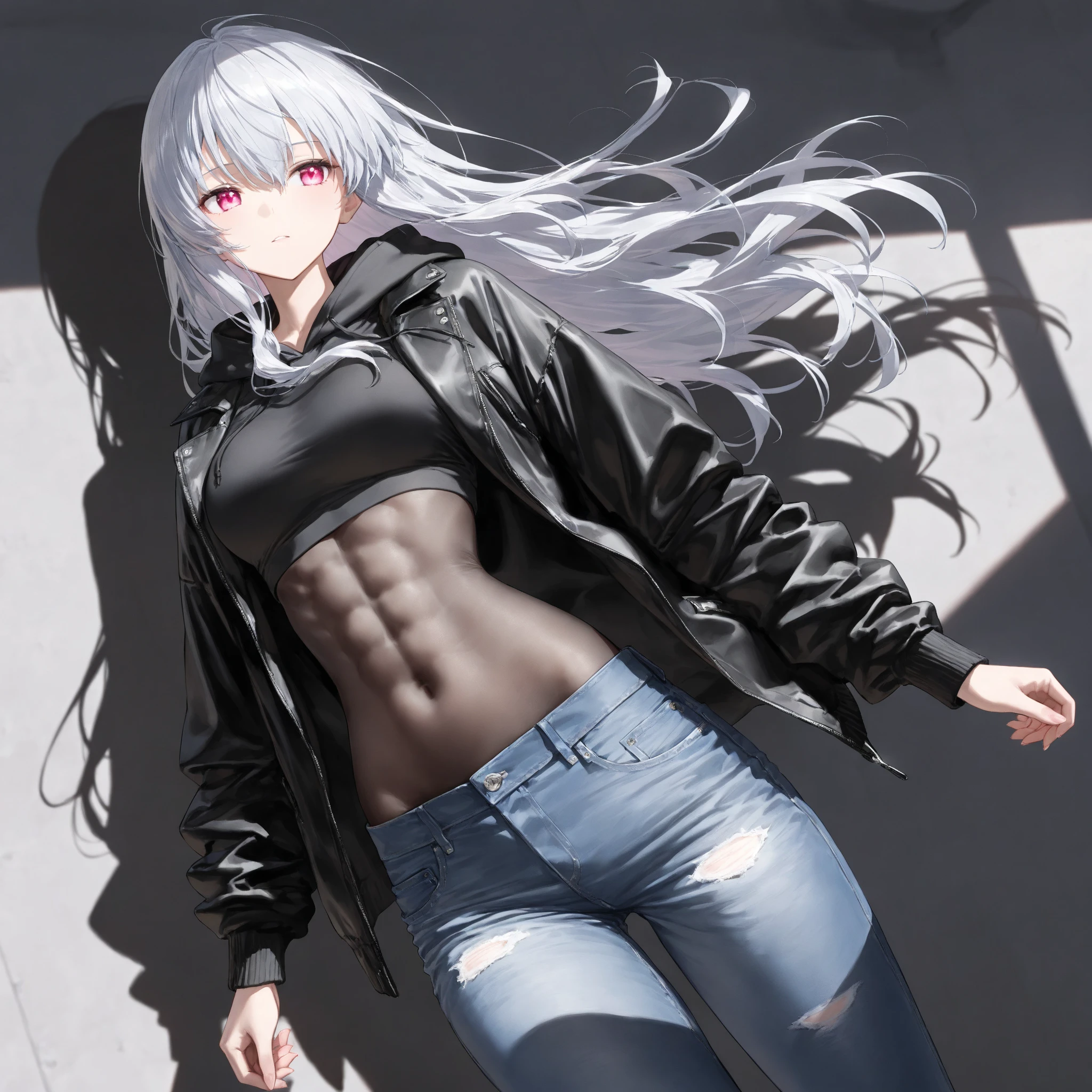 masterpiece, highest quality, 1girl, silver hair, middle hair, night city, (abs:1.3), (muscular:1.3), black Bomber jacket, holding black color knife