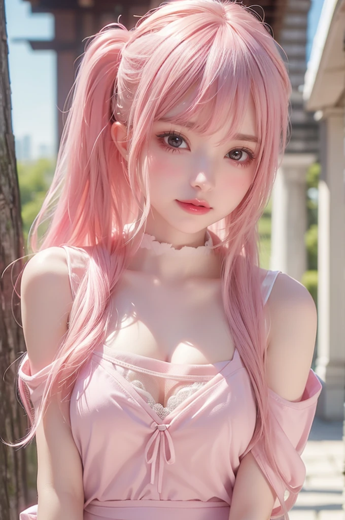 Perfect face,Beautiful face,Ultimate eyes,Anime sexy beauties,Cosplay photos,Kneeling pose,Smile,Pink hair,Shiny scissors,White dress,The best quality masterpiece