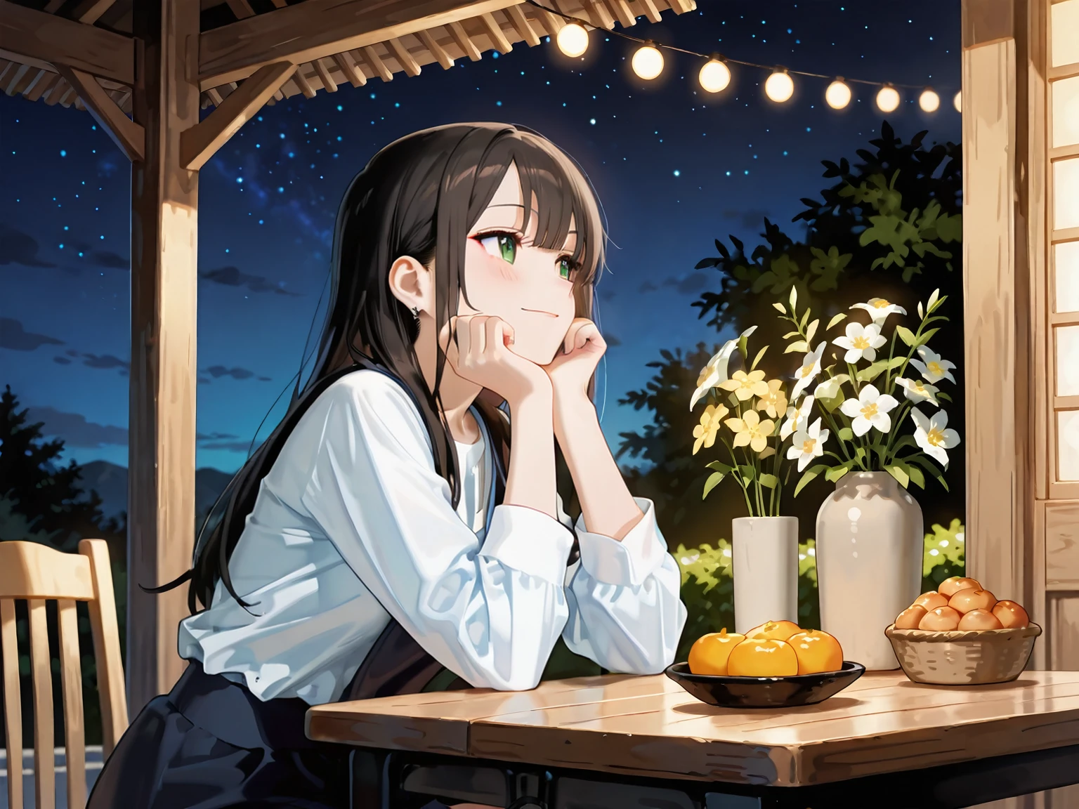 masterpiece, best quality, very aesthetic, absurdres, newest, asymmetrical bangs, tareme, 1girl, solo, long hair, blush, drunk, smile, shirt, black hair, long sleeves, bow, sitting, closed mouth, brown eyes, white shirt, ponytail, flower, hair bow, sidelocks, outdoors, sky, pants, tree, cup, petals, night,  moon, table, bottle, grass, white bow, denim, cherry blossoms, building, star \(sky\), night sky, full moon, alcohol, drinking glass, starry sky, jeans, blue pants, wine glass