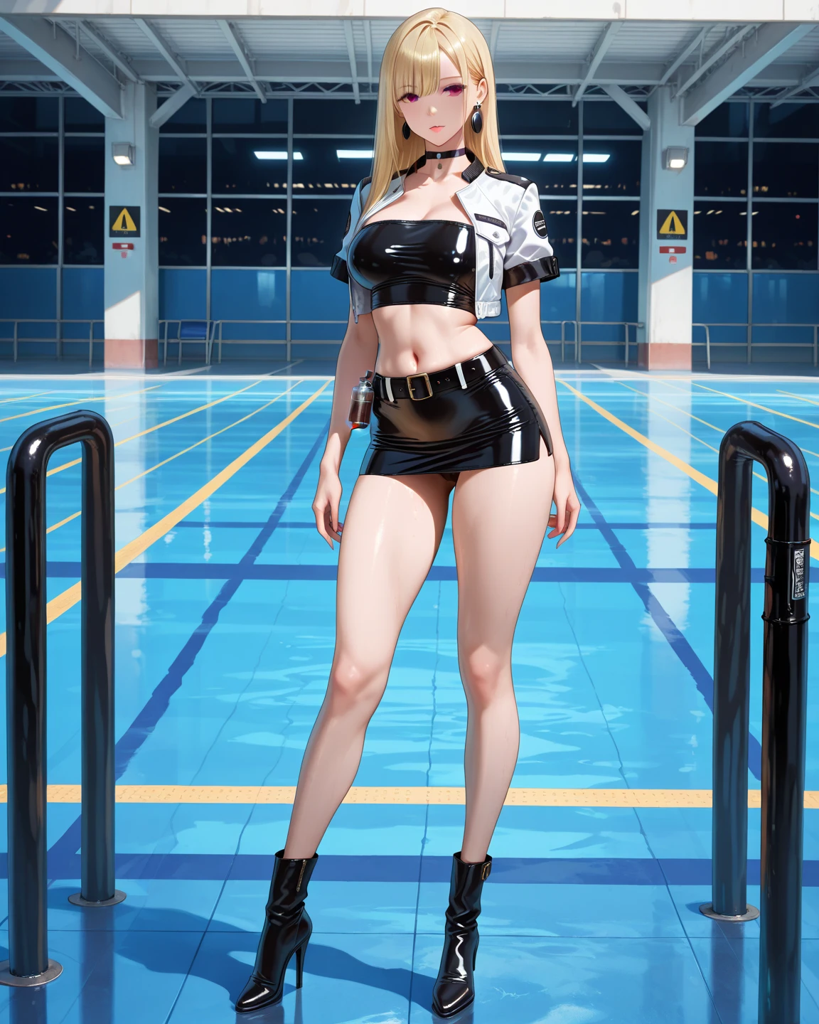Best Quality, 8K Quality, High Quality, Detailed Images, 1 Girl, Solo, Full Body Marie Rose, Smile, Embarrassing, Blushing, Small Plump Breasts, Flat Breasts, Protrusion of the Tips of the Chest, Slender Body, Shiny Metallic, Dark blue micro bikini with a small cloth area, Strongly tucked into the crotch, Squatting pose on the ground, legs wide open, Hips protruding forward, Black high socks, Brown loafers, staring at viewer, body facing viewer, legs open to viewer, white thighs, stone hallway, professional lighting