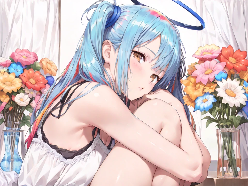 (masterpiece, best quality), 1 elven girl, ( bear whole of body, nipples), (bare lower half of body), (light blue hair, twin tails ,very long hair is fluttering in the wind), hair between eyes, multi colored hair,hair flower ornament , bare body , closed mouth, standing, closed eyes, flower, large breast ,sky, hair flower, hair bun, blurry, from side, hands up, profile, night, floating hair, depth of field, pink rose, moon, crescent, aqua flower, butterfly, star (sky), night sky, starry sky, red rose, blurry foreground, planet
